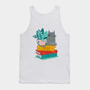 One more chapter // spot // black background grey cat striped mug with plants orange teal and yellow books with quote Tank Top